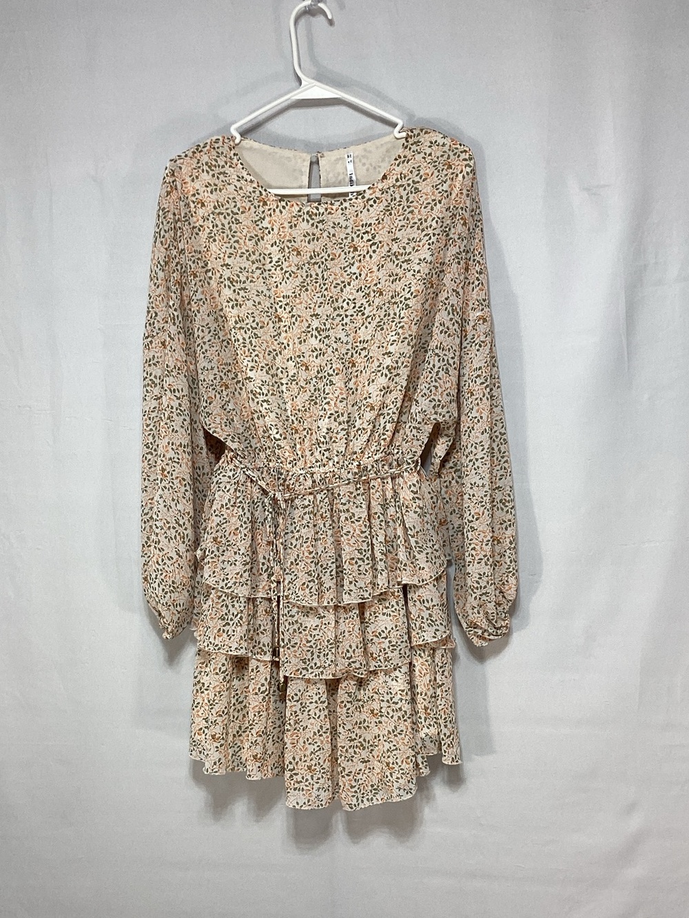Indikah Medium Long-Sleeve Peach Floral Tiered Dress